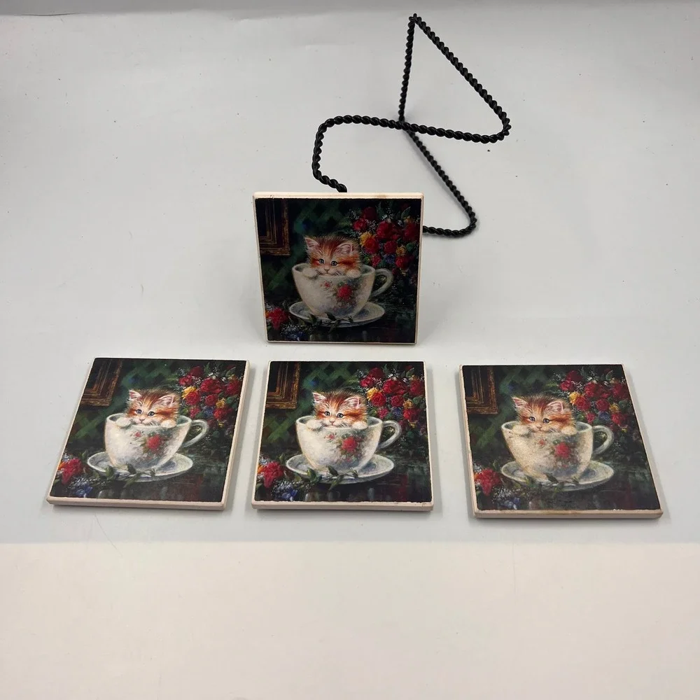 Vintage Ceramic Kitten in Teacup Coasters Set of 4 Cork Backed Cat Floral Art